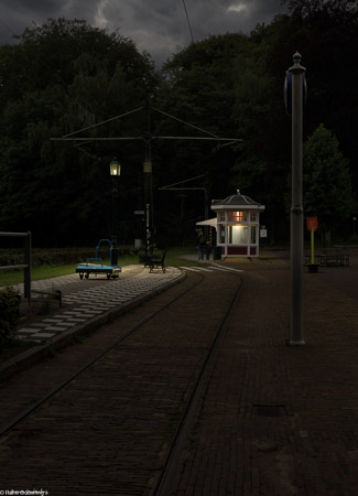 Tram stop by night